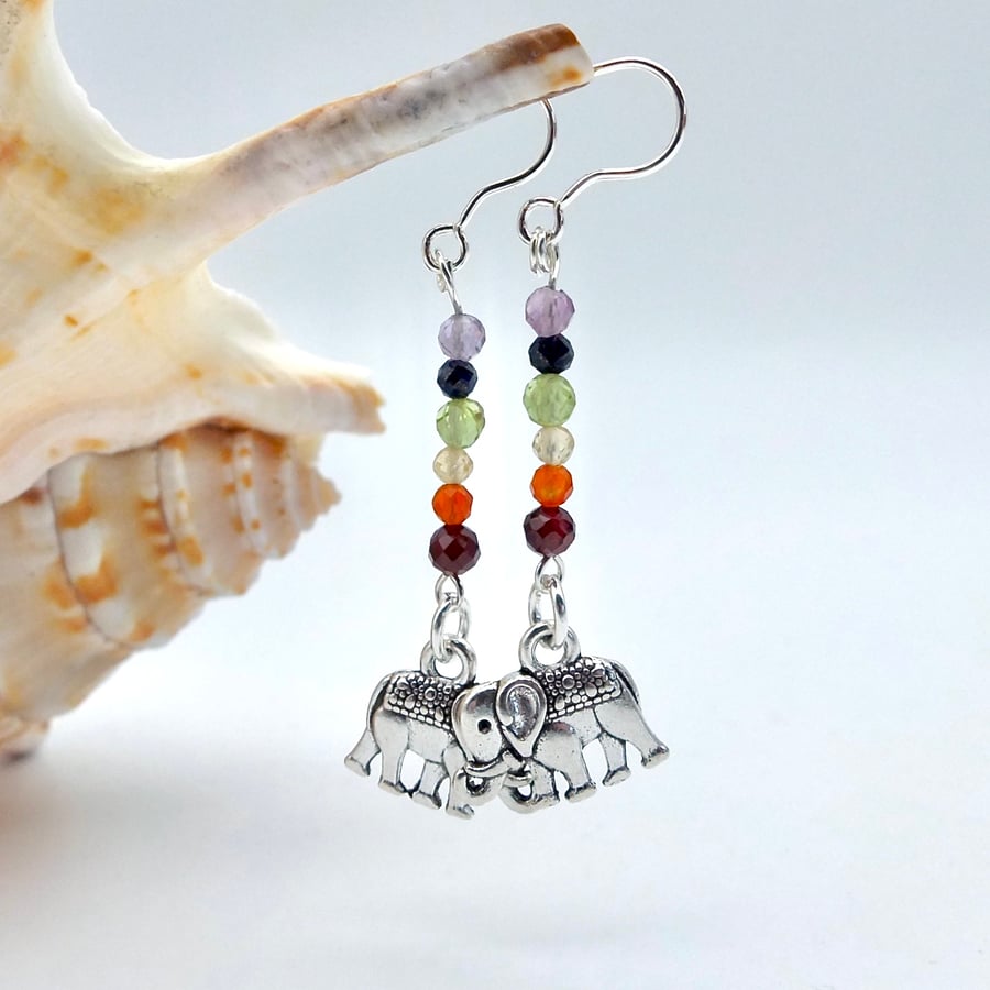 Rainbow Chakra Gemstone Earrings With Elephant Charms, Birthday Gifts For Her