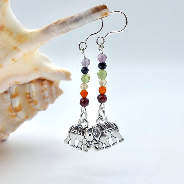 Rainbow Chakra Gemstone Earrings With Elephant Charms, Birthday Gifts For Her