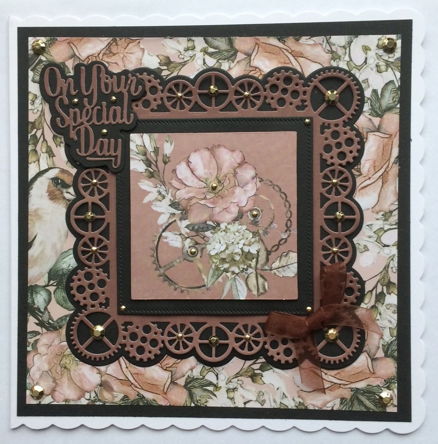 Steampunk Card Clocks Cogs Flowers On Your Special Day 3D Luxury Handmade Card