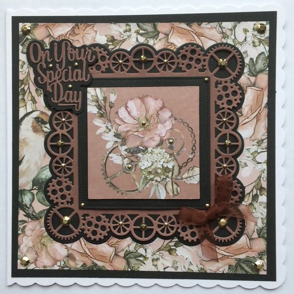 Steampunk Card Clocks Cogs Flowers On Your Special Day 3D Luxury Handmade Card