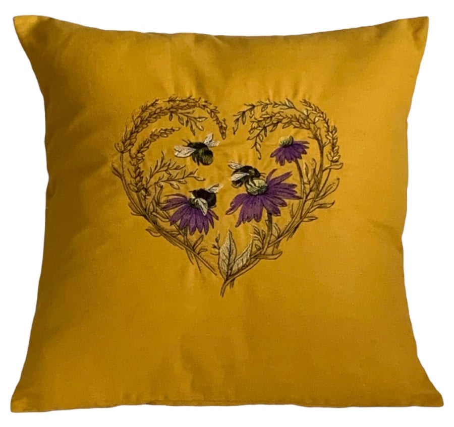 Gold Bee & Wisteria Heart Embroidered Cushion Cover
