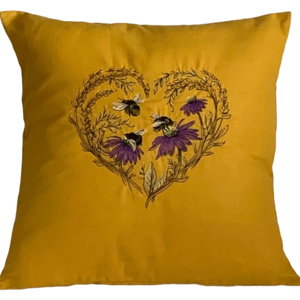 Gold Bee & Wisteria Heart Embroidered Cushion Cover