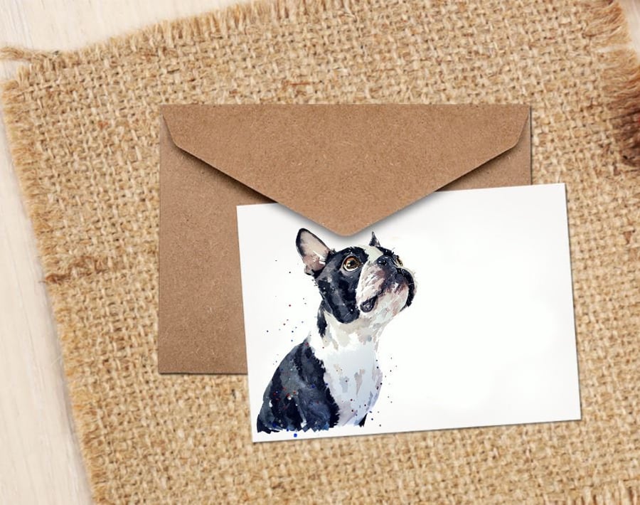 Boston Terrier Watercolour GreetingNote Card-Boston Terrier Art card,Boston Terr