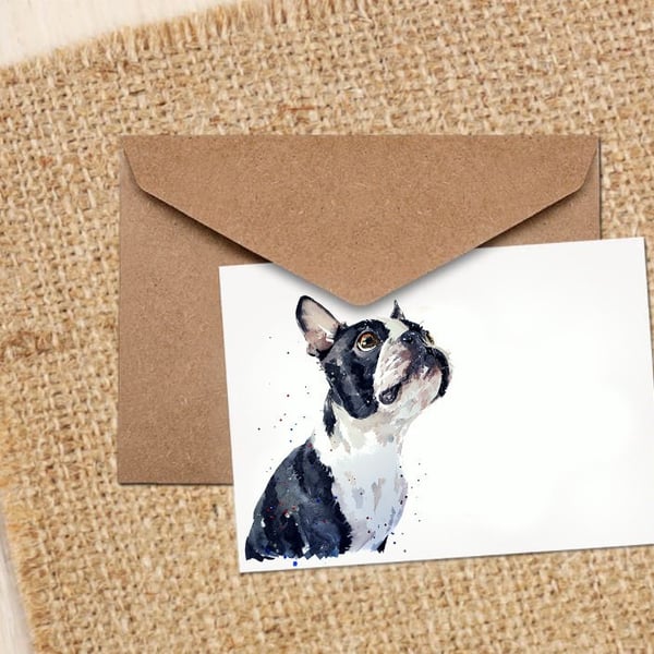 Boston Terrier Watercolour GreetingNote Card-Boston Terrier Art card,Boston Terr