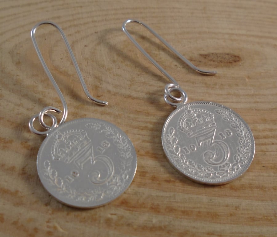 Sterling Silver Upcycled Threepence Drop Dangle Earrings