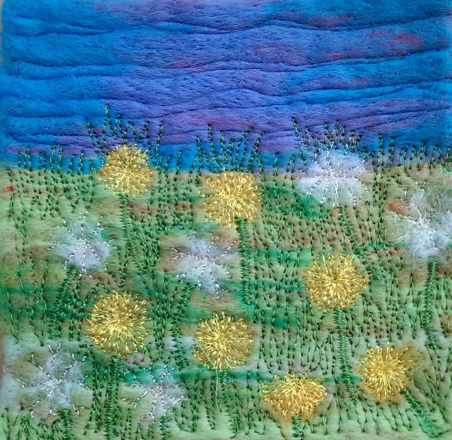 Dandelion Field Needle Felted & Embroidered Picture
