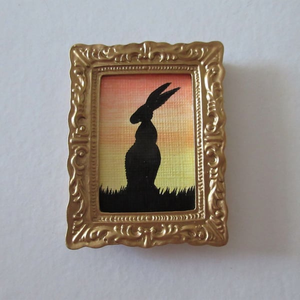 Doll House Miniature Original Painting Framed with Bunny Silhouette Rabbit 