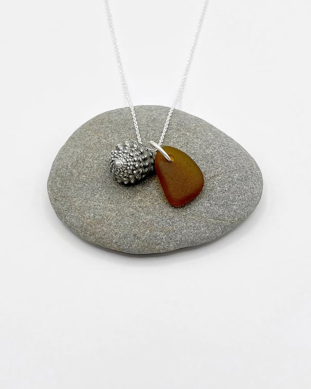 Cornish Sea Glass & Silver Coated Strawberry Top Shell Necklace - Burnt Orange