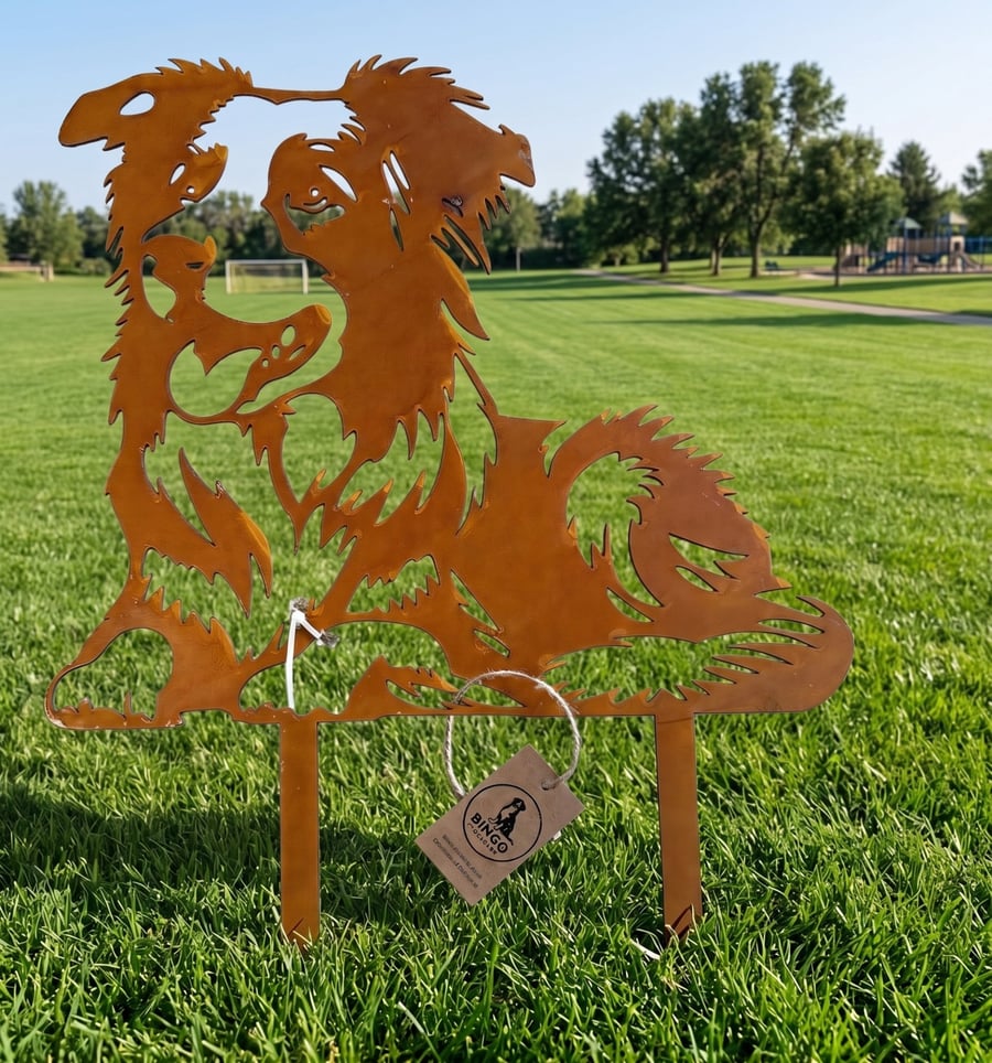 Border Collie Metal Garden Stake, Rusted Steel Dog Silhouette Decor 30cm