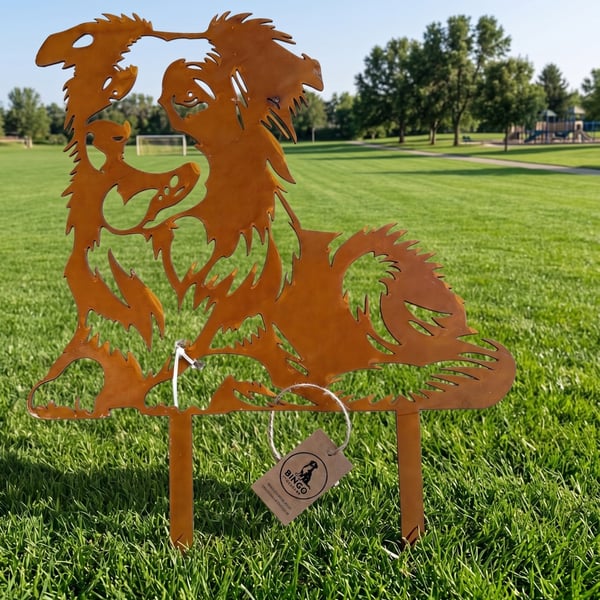 Border Collie Metal Garden Stake, Rusted Steel Dog Silhouette Decor 30cm
