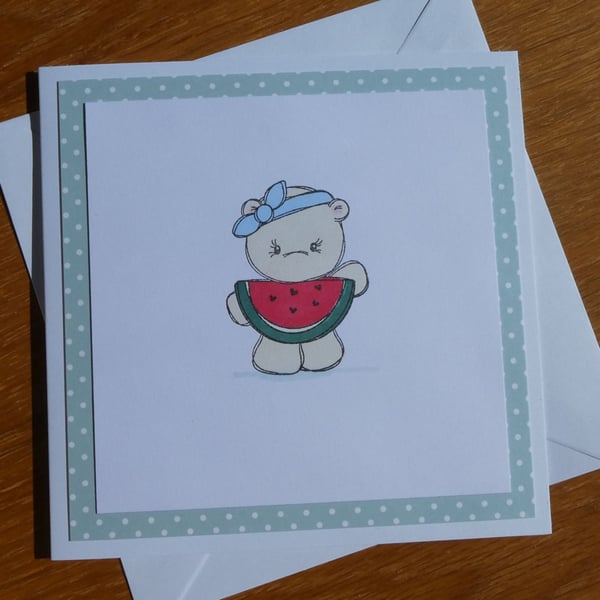 Bear Holding Watermelon Blank Card