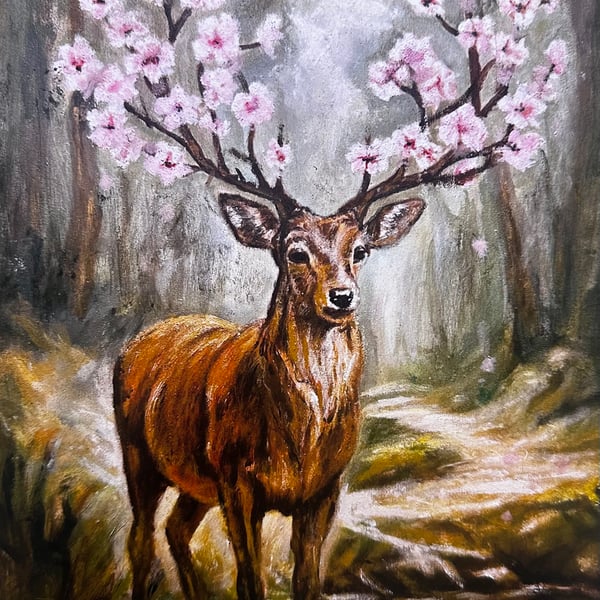 Blossom Stag – Woodland Deer Giclée Print, A4 Wildlife Wall Art