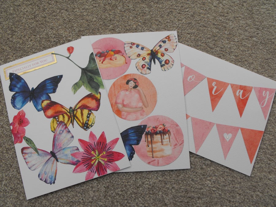 Pack of 3 birthday cards featuring butterflies and flowers