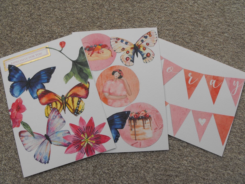 Pack of 3 birthday cards featuring butterflies and flowers