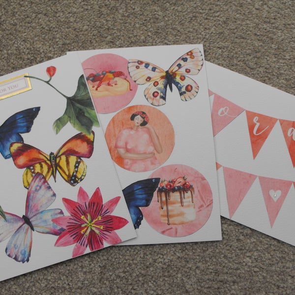 Pack of 3 birthday cards featuring butterflies and flowers