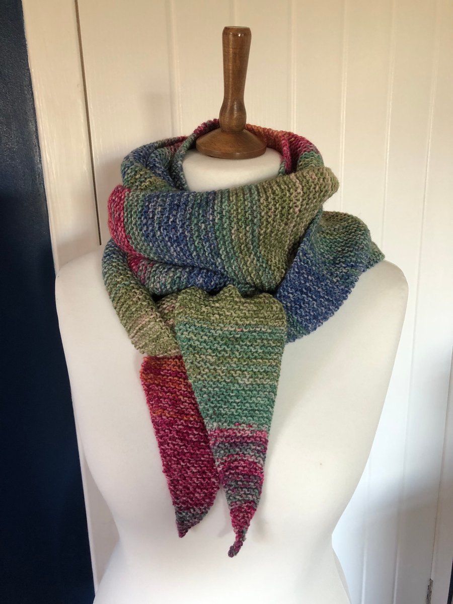 Shawl Triangular Scarf in Rainbow colours handknitted woollen Asymmetric