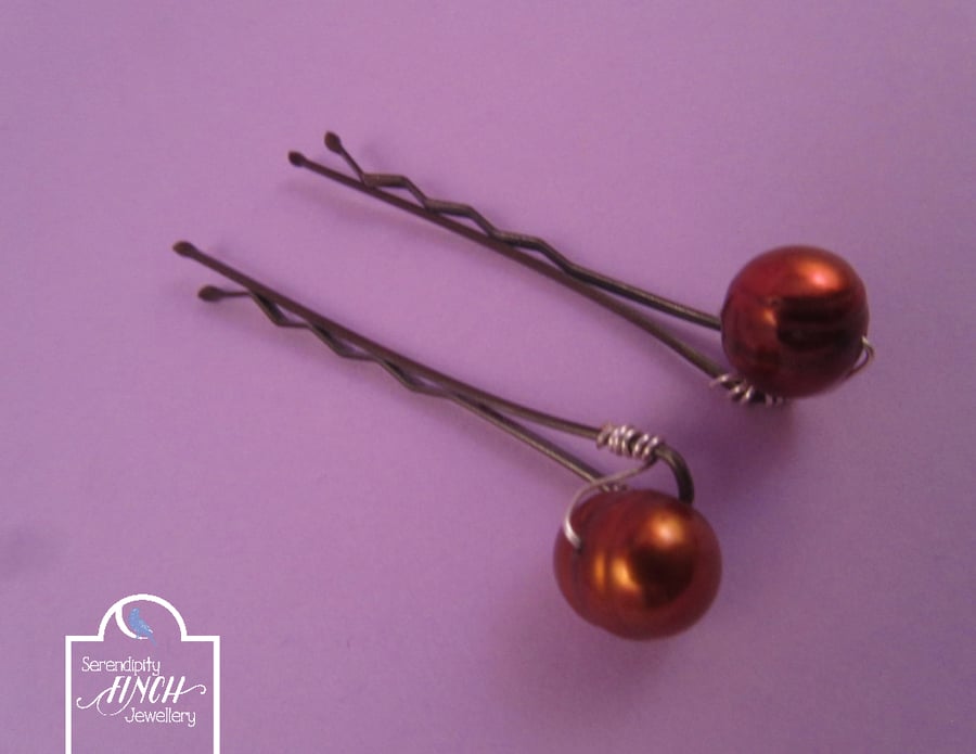 Bronze Potato Pearl Hair Grips (2), Pearl Bobby Pins
