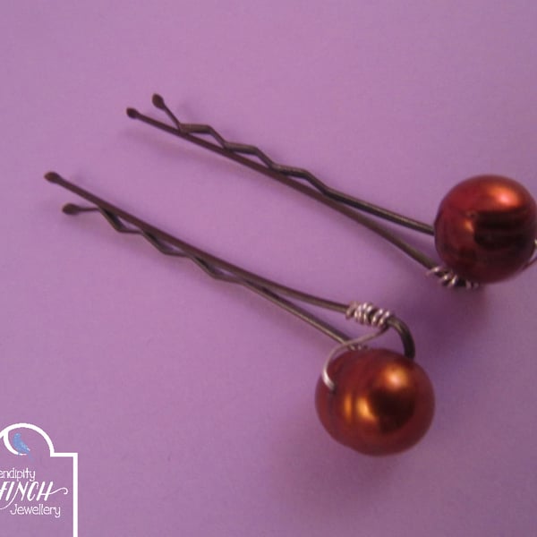 Bronze Potato Pearl Hair Grips (2), Pearl Bobby Pins