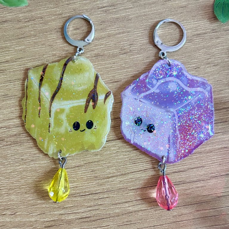 Mismatched French Fondant Fancy Earrings - Pink & Yellow Cake Dangles
