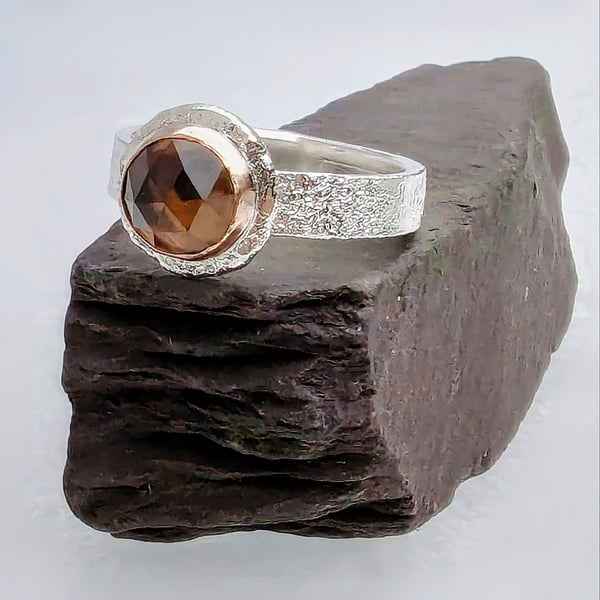 Recycled HANDMADE Sterling Silver, 9 carat Rose Gold and Rose Cut Quartz Ring