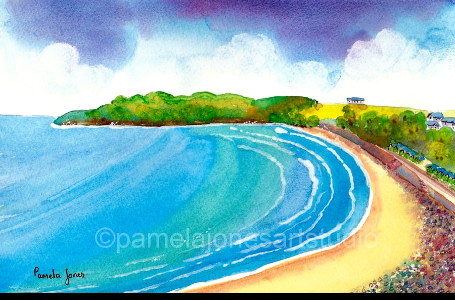 Langland Bay, Gower, South Wales, Original Watercolour in 14 x 11'' Mount