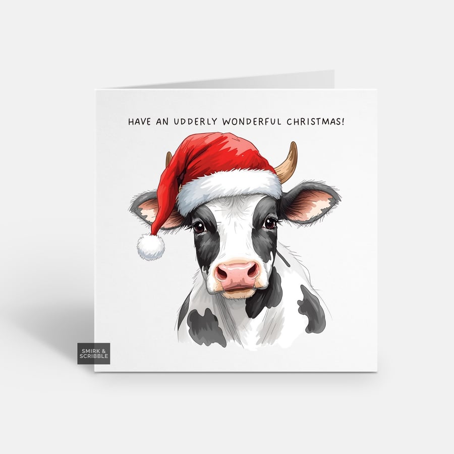 Unique Funny Christmas Card For Him Or Her - Cute Xmas Greeting - Cow