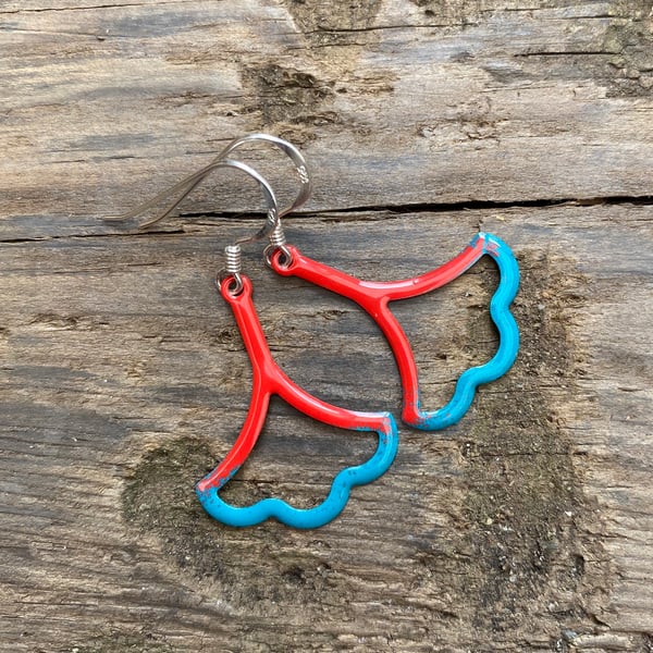 Red & Turquoise Enamel Flower On Sterling Silver Earrings