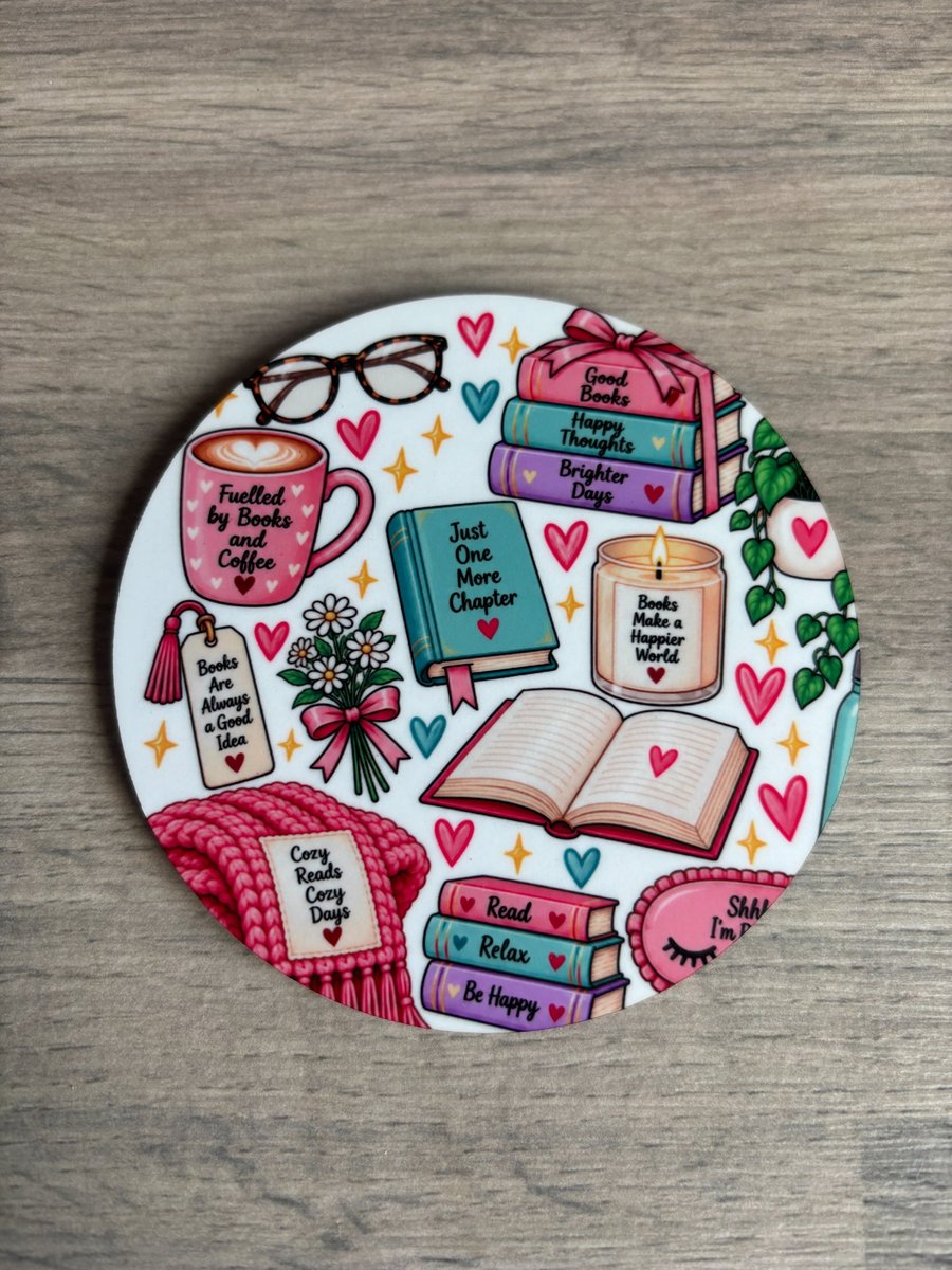 Book lover coaster, cosy vibes reading lover gift, round coaster