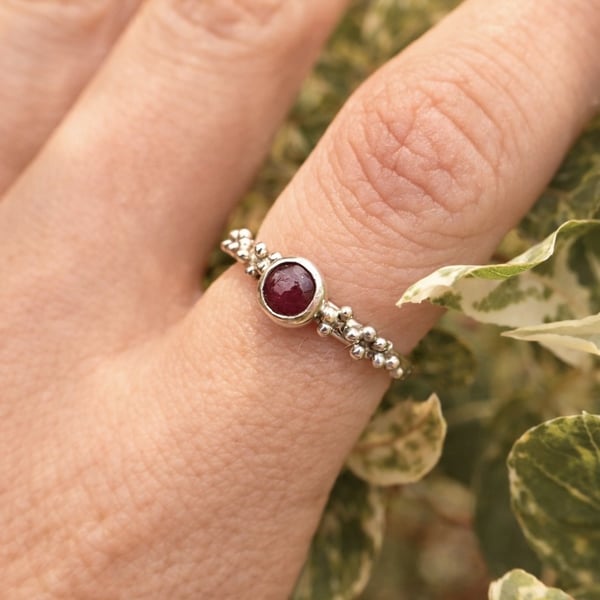 Sterling Silver and Ruby Ring with Granulation - Size M