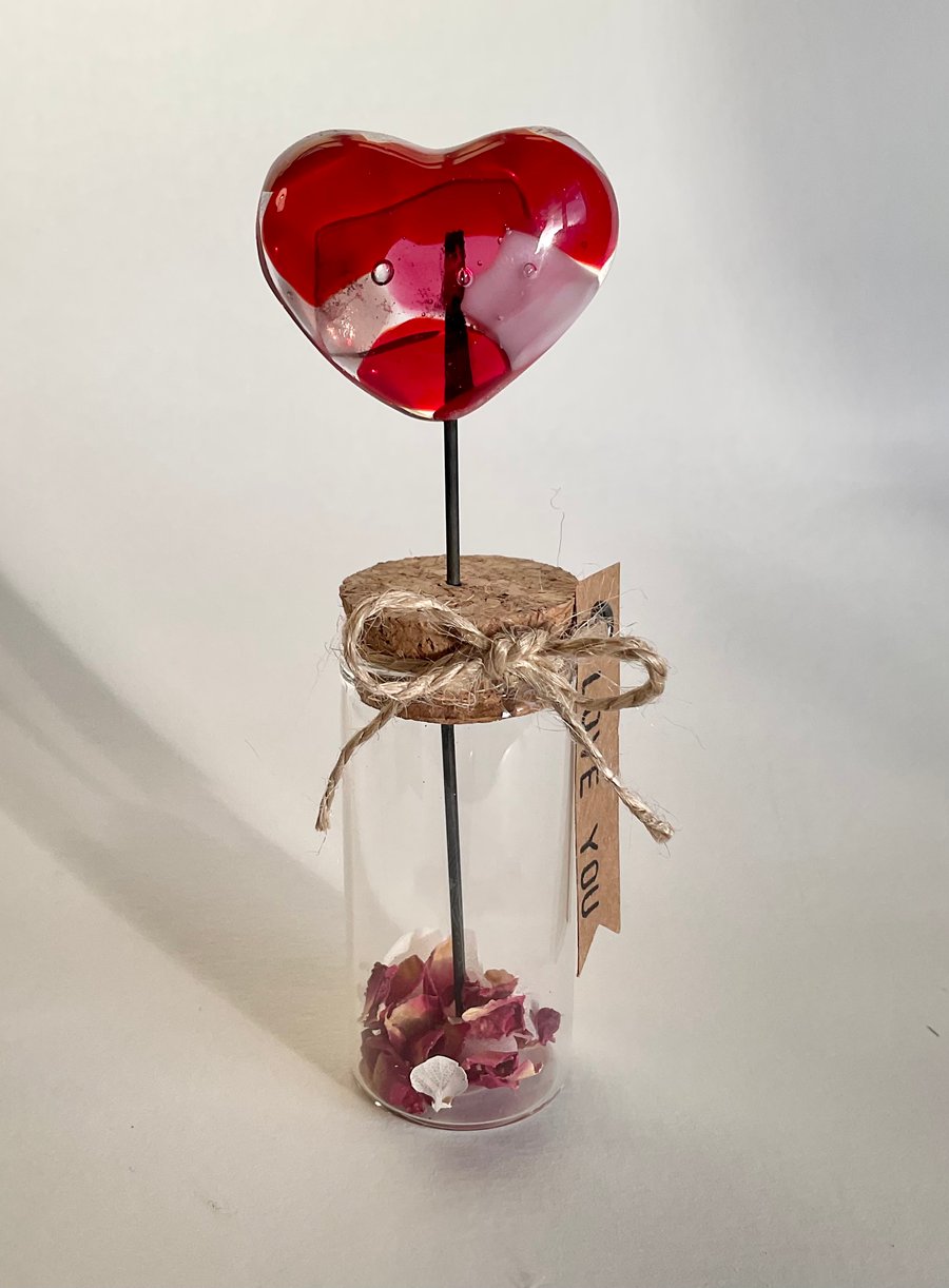 Handmade fused glass heart in tube vase