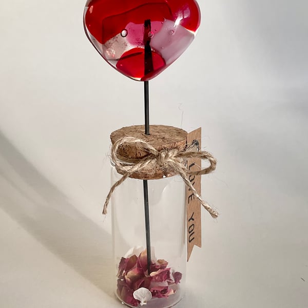 Handmade fused glass heart in tube vase