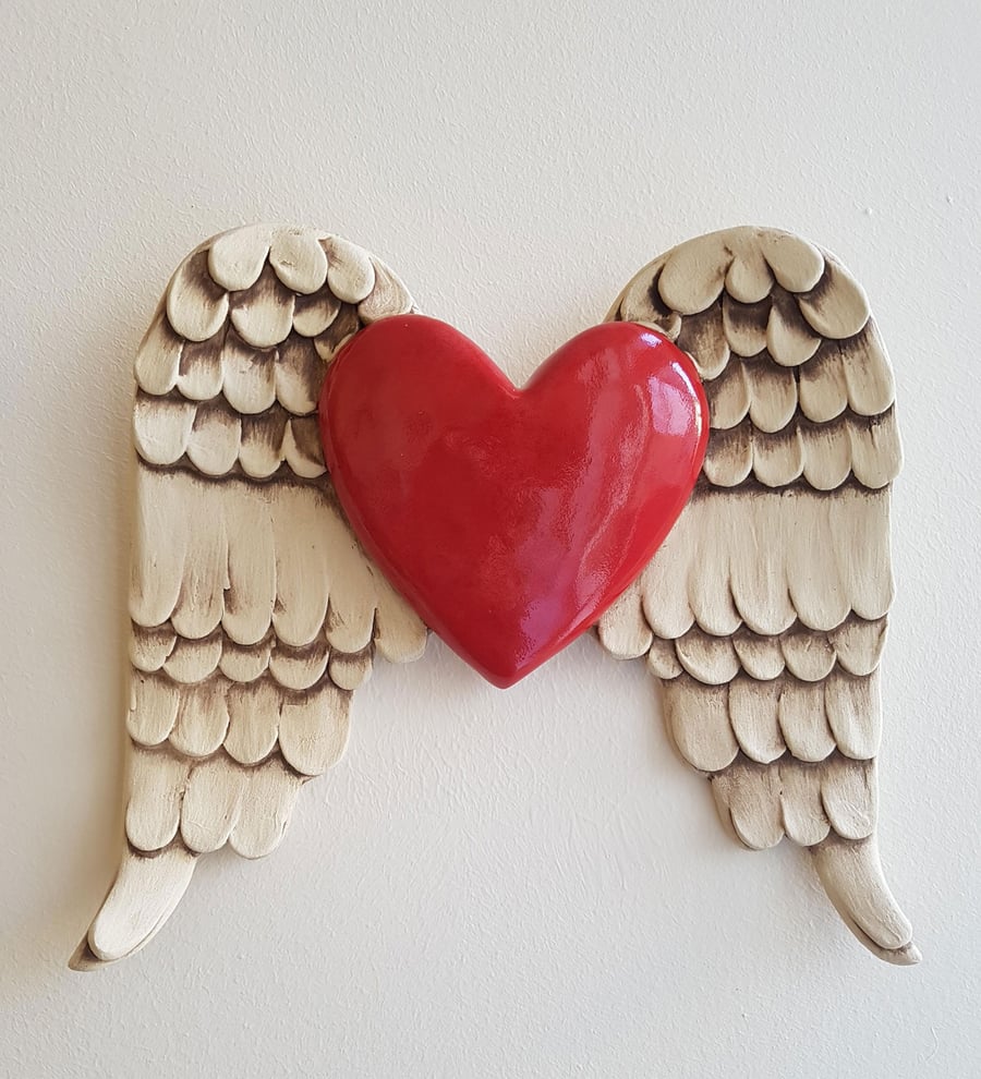 Winged heart wall art - ceramic wall piece - red heart