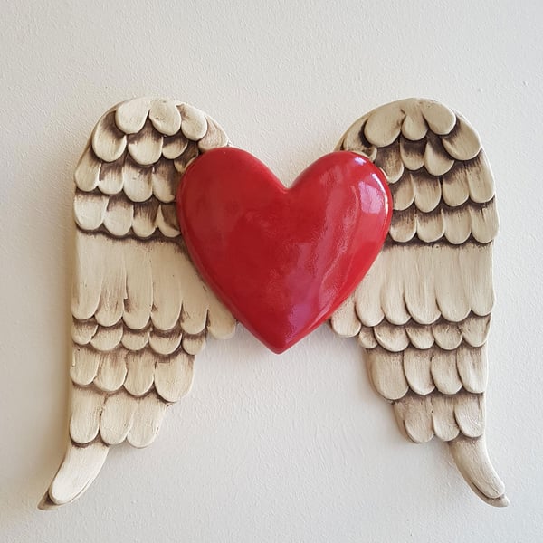 Winged heart wall art - ceramic wall piece - red heart