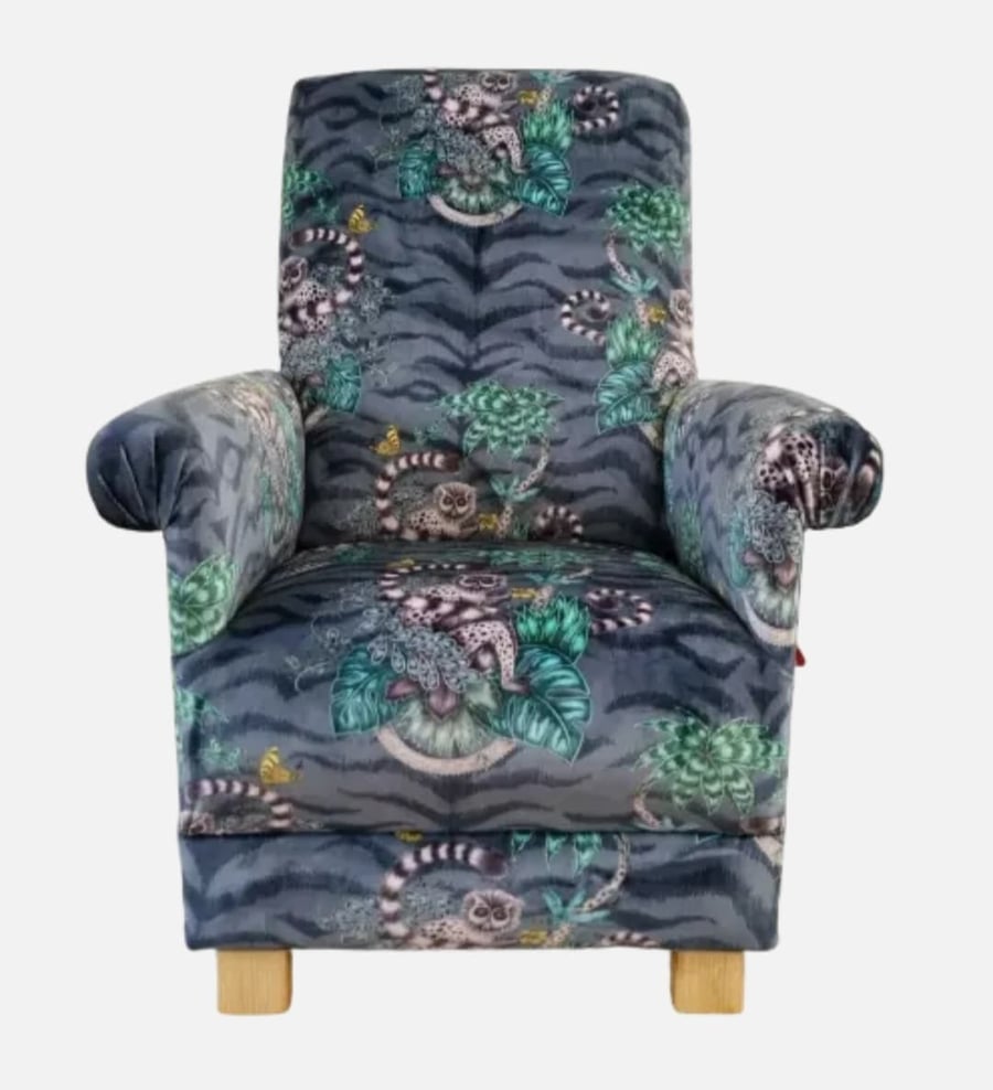 Emma J Shipley Lemur Velvet Fabric Chair Adult Armchair Monkeys Teal Navy Blue