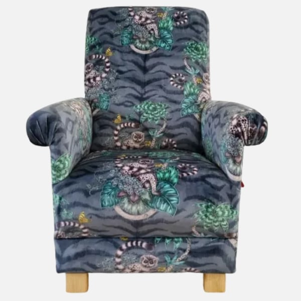 Emma J Shipley Lemur Velvet Fabric Chair Adult Armchair Monkeys Teal Navy Blue