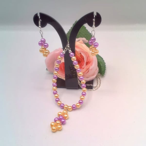 Pink and Lemon Pearl Necklace and Earrings Set, Gift for Her, Pearl Jewellery