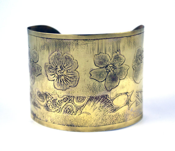 Etched brass flower Cuff - large size
