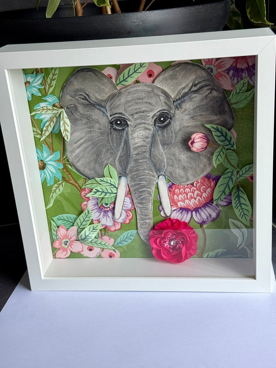 Watercolour Elephant and Flower Picture. Framed Elephant Picture.