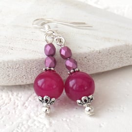 Deep pink jade and crystal earrings