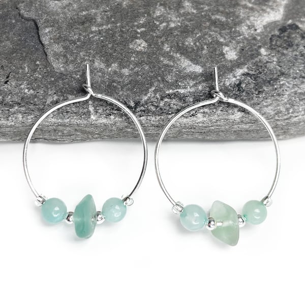 Sea Glass Hoop Earrings. Small Green Sterling Silver Amazonite Beaded Hoops