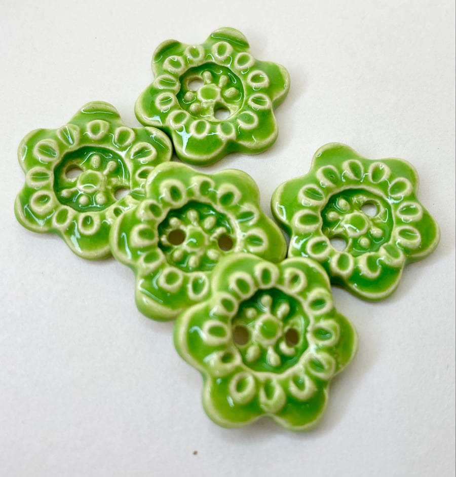 Set of five little handmade ceramic flower buttons green