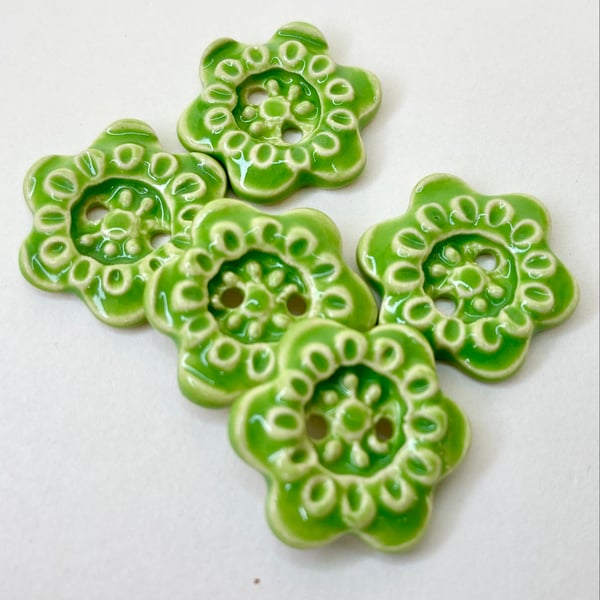 Set of five little handmade ceramic flower buttons green