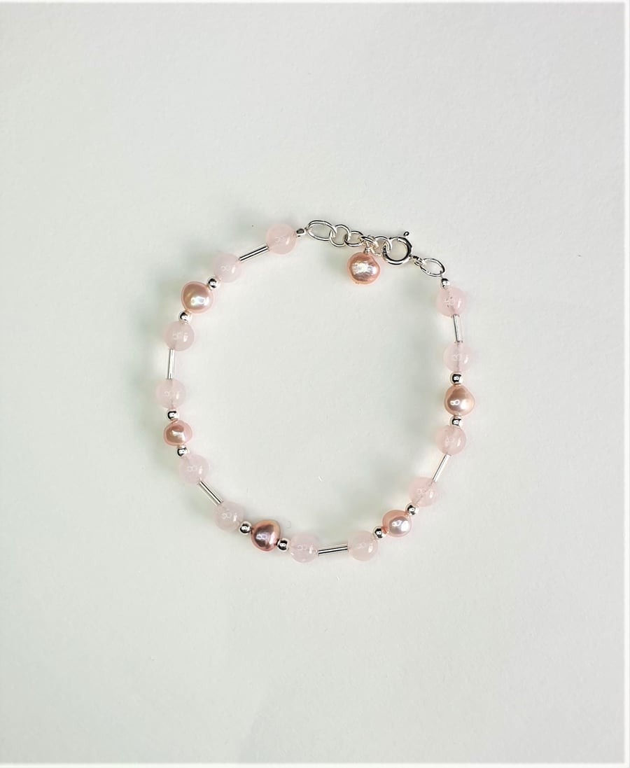 Pink Freshwater Pearl, Rose Quartz and Sterling Silver extendable Bracelet
