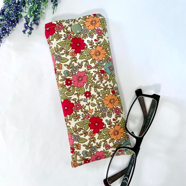 Glasses Case Soft Pouch Floral Flowered Fabric Lined with Popper