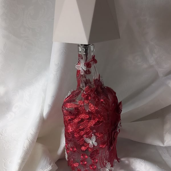 UNIQUE BOTTLE  TOUCH LAMP WITH EMBROIDERED RED FABRIC AND 3D BUTTERFLIES