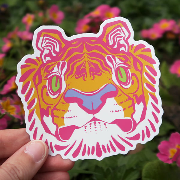 Pink and Orange Tiger Die Cut Sticker