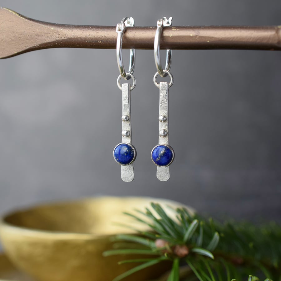 Silver Drop Earrings with Lapis Lazuli Stones - Hoop Earrings