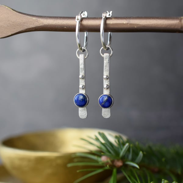 Silver Drop Earrings with Lapis Lazuli Stones - Hoop Earrings