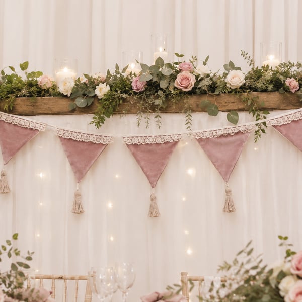 Dusky Pink Velvet Wedding Bunting - Handmade Romantic Wedding Decor