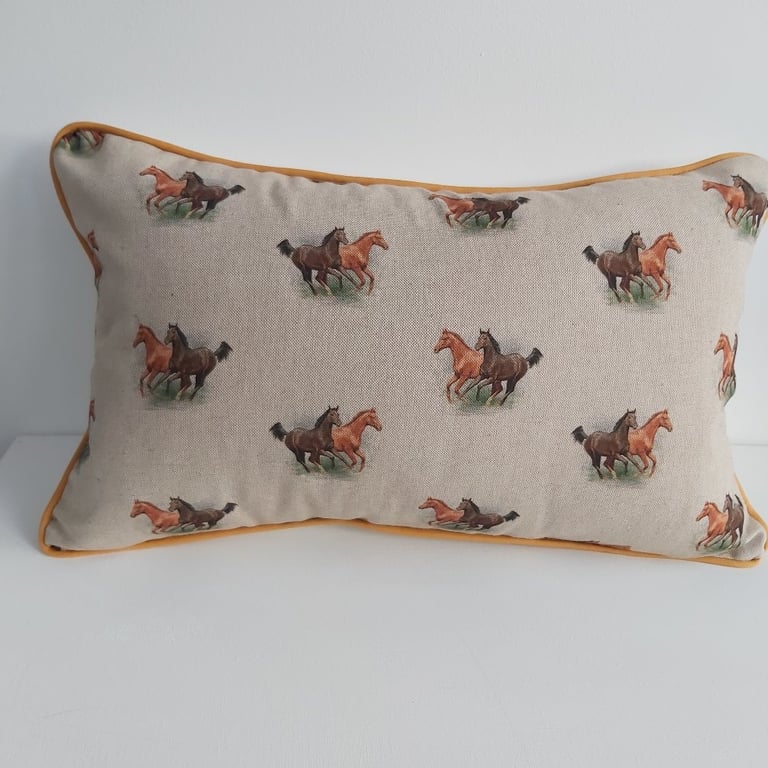 SALE Horses Cushion  Cover with Mustard  Piping
